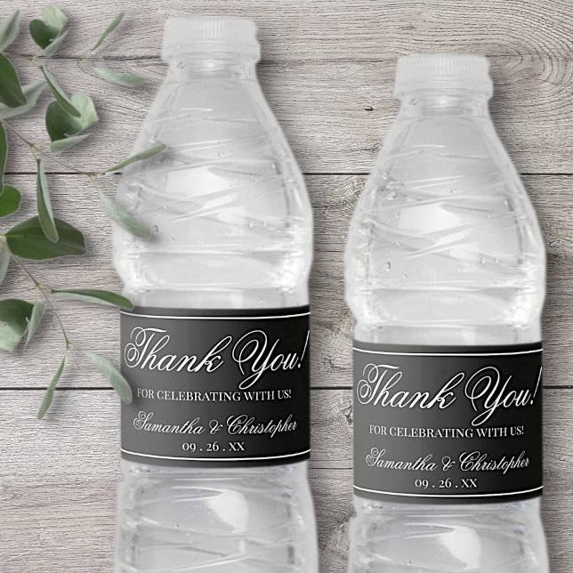 Simple Elegant Minimalist Wedding Thank You Black Vattenflaskor Etikett (Skapare uppladdad)