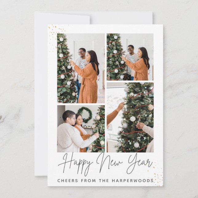 Simple Elegant Modern Happy New Year Four Photo Julkort (Framsida)