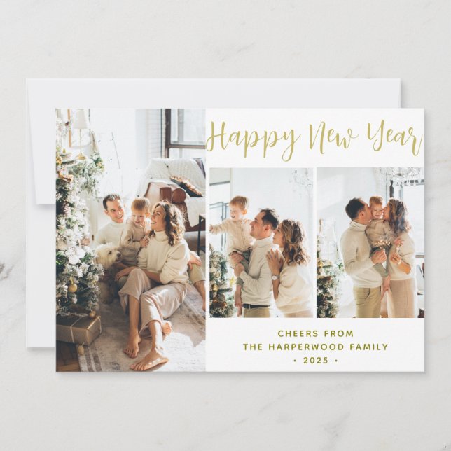Simple Elegant Modern Happy New Year Three Photo Julkort (Framsida)