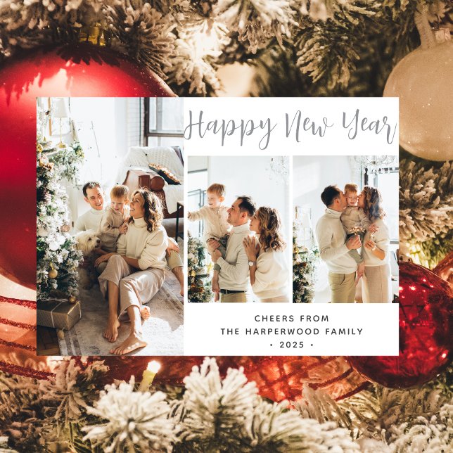 Simple Elegant Modern Happy New Year Three Photo Julkort (Skapare uppladdad)
