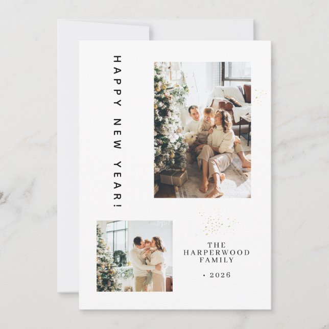 Simple Elegant Modern Happy New Year Two Photo Julkort (Framsida)