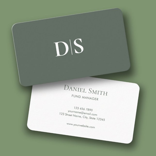 Simple Elegant Muted Green White with Initials Visitkort (Simple Elegant Muted Green White with Initials Business Card)