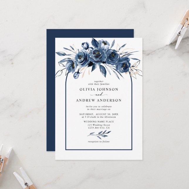 Simple Elegant Navy Blue Boho Floral Arch Wedding Inbjudningar (Fram/Back In Situ)