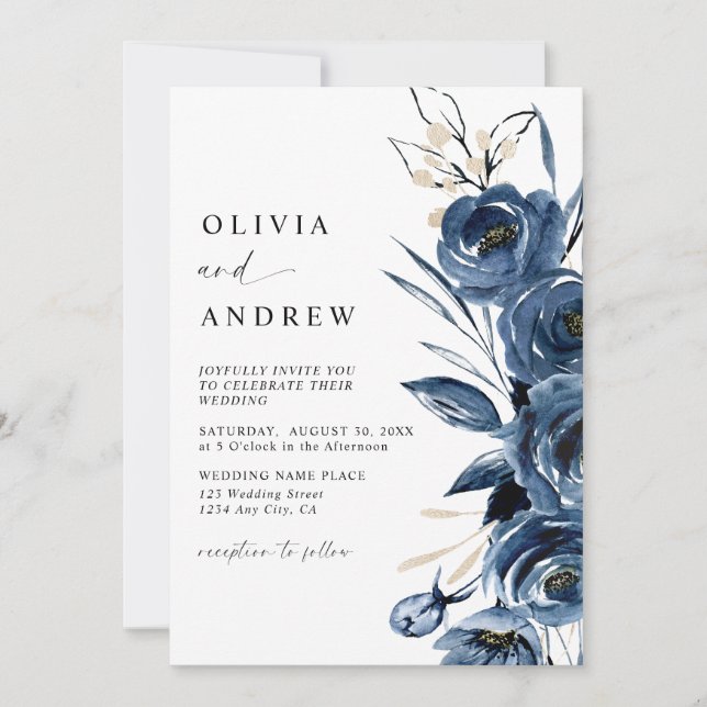 Simple Elegant Navy Blue Boho Floral Wedding Inbjudningar (Framsida)