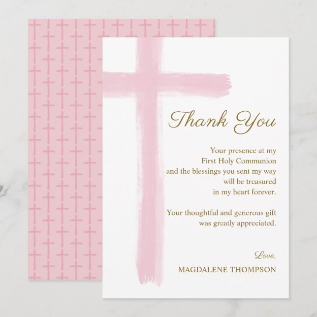 Simple Elegant Pink Cross First Holy Communion  Tack Kort (Fram/baksida)