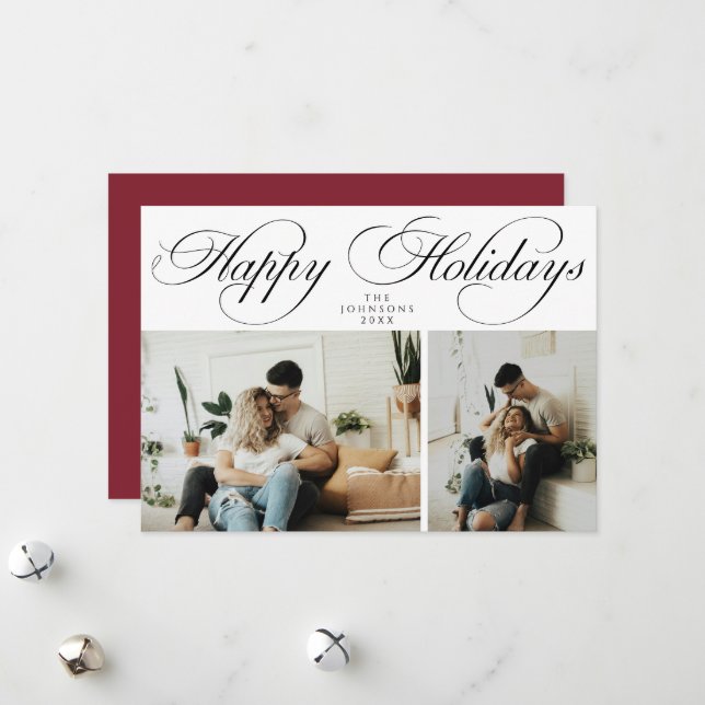 Simple Elegant Red Family Photo Collage Christmas Julkort (Fram/Back In Situ)