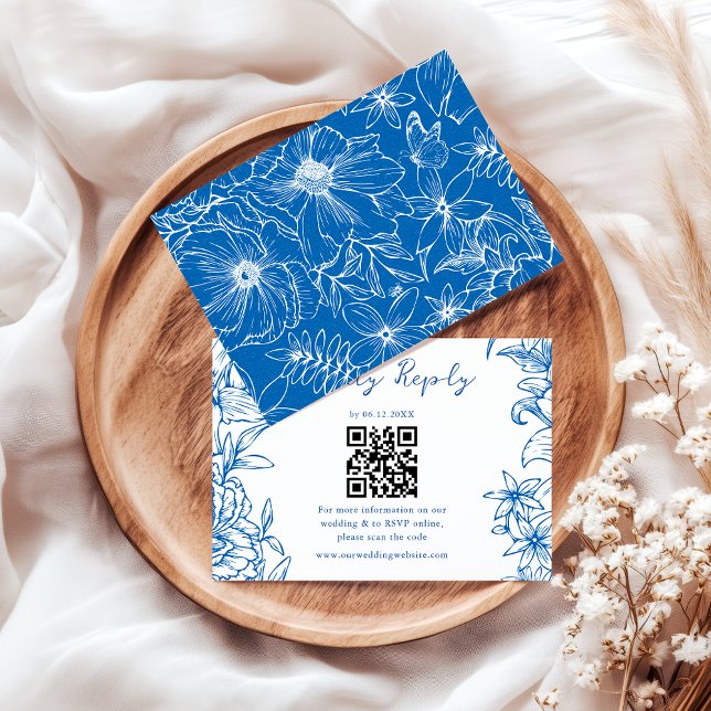 Simple Elegant Royal Blue Floral QR Code Wedding OSA Kort (Skapare uppladdad)