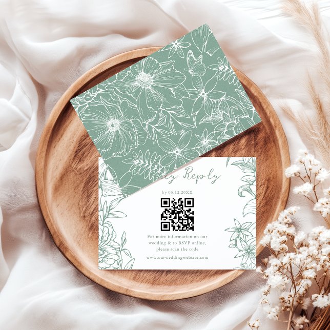 Simple Elegant Sage Green Floral QR Code Wedding OSA Kort (Skapare uppladdad)