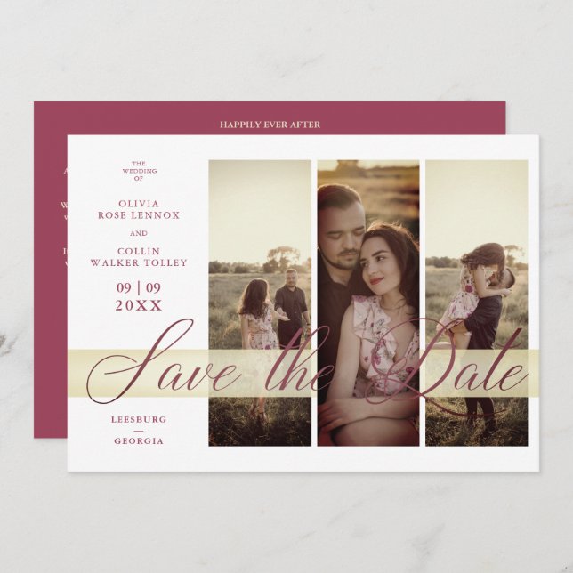 Simple Elegant Script 3 Photos Couple in Love Spara Datumet (Fram/baksida)