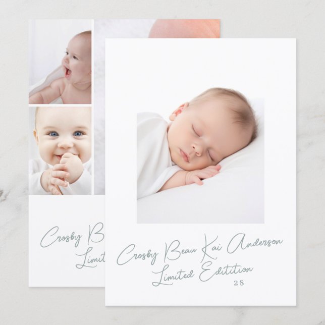 Simple Elegant Script Photo Baby Birth Meddelande (Fram/baksida)