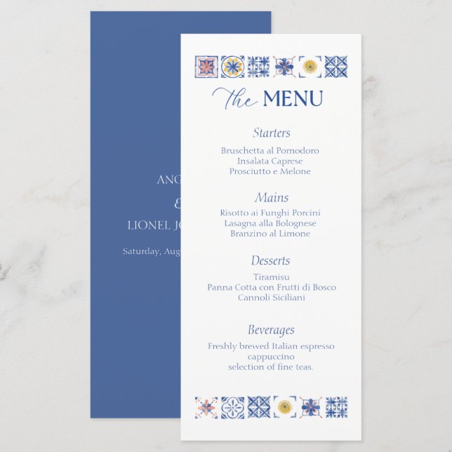 Simple Elegant Tiles Amalfi Coast Italy Wedding Meny (Fram/baksida)