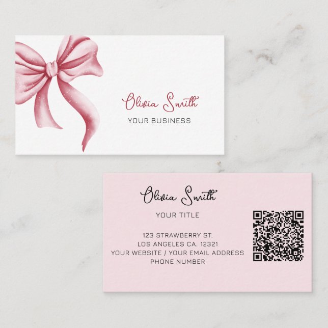 Simple Elegant Typography Pink Bow QR Code Visitkort (Fram/baksida)