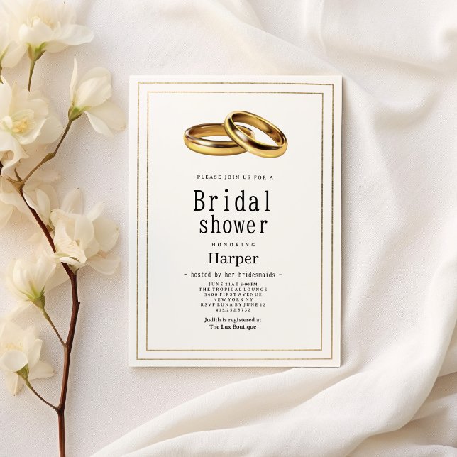 Simple elegant white and gold rings Bridal Shower Inbjudningar (Simple elegant white and gold rings Bridal Shower)