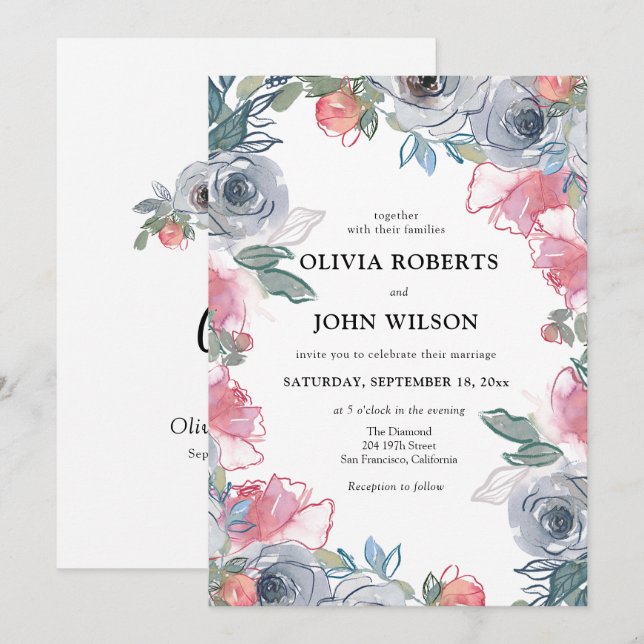 Simple Elegant WildblomWedding Inbjudningar (Fram/baksida)