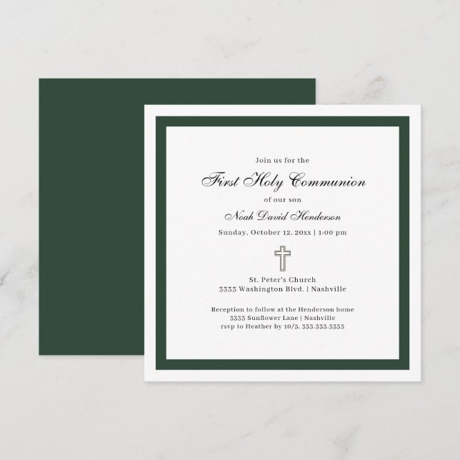 Simple Emerald Green White First Holy Communion  Inbjudningar (Fram/baksida)