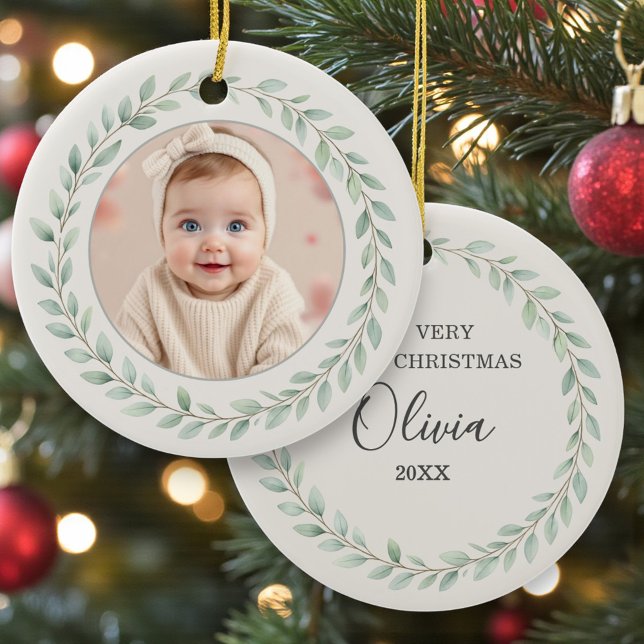 Simple Eucalyptus Baby First Christmas Photo Julgransprydnad Keramik (Skapare uppladdad)