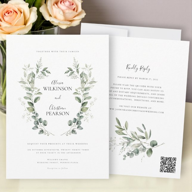 Simple Eucalyptus Greenery Wedding QR Code RSVP Inbjudningar (Skapare uppladdad)