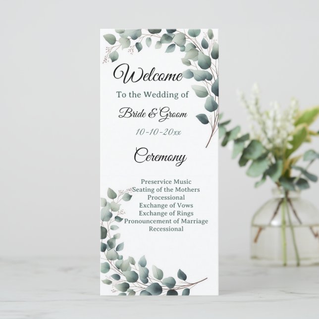 Simple Eucalyptus Wedding Program (Stående Fram)
