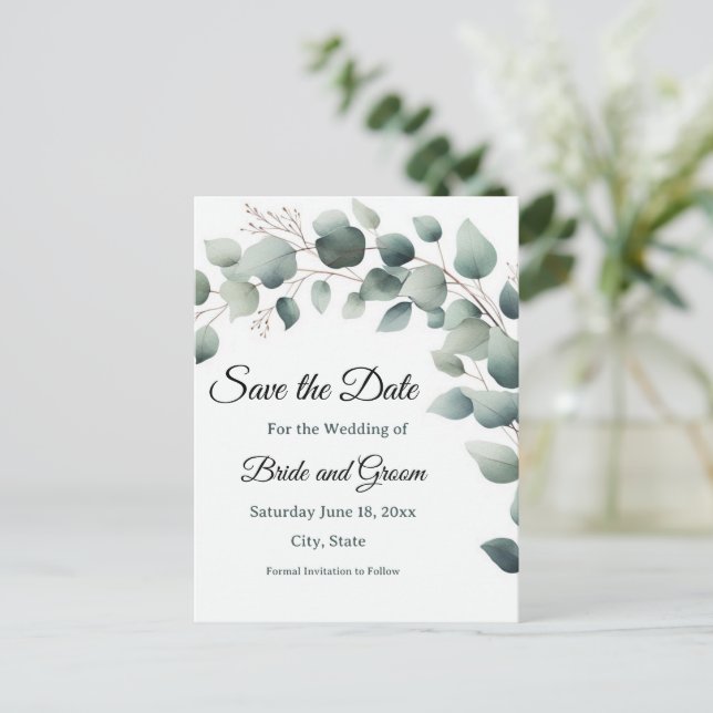 Simple Eucalyptus Wedding Save the Date Postcard Vykort (Stående Fram)