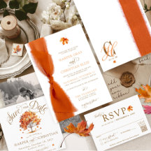 Simple Fall Leaves Modern Autumn Ribbon Wedding