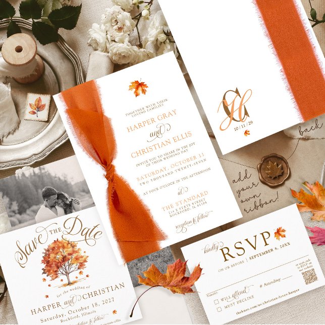 Simple Fall Leaves Modern Autumn Ribbon Wedding Inbjudningar (Simple elegant watercolor fall leaf tree script monogram Autumn wedding invitation, just add ribbon!)