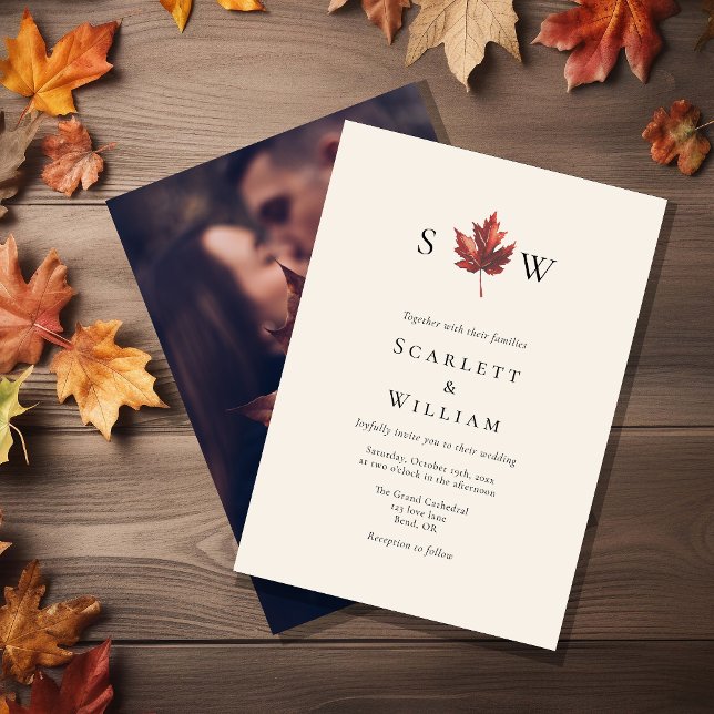 Simple Fall Löv Cream Monogram Photo Bröllop Inbjudningar (Skapare uppladdad)