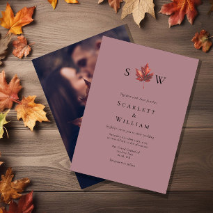 Simple Fall Löv Mauve Monogram Photo Bröllop Inbjudningar