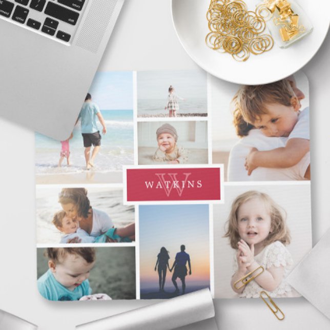 Simple Family Photo Collage & Red Monogram Musmatta (Skapare uppladdad)