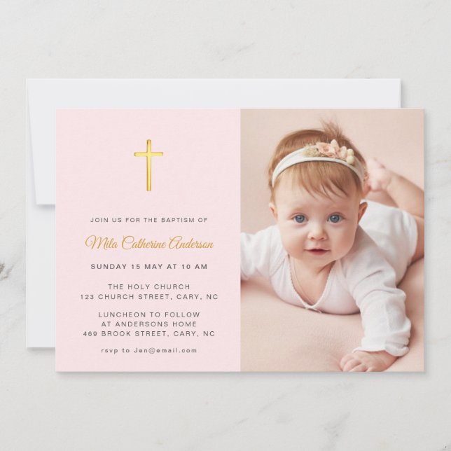 Simple Faux guld kor Rosa Photo Baptism Inbjudningar (Framsida)