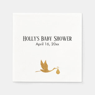 Simple Faux Guld Stork Baby Shower Namn & Date Pappersservett
