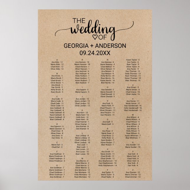 Simple Faux Kraft Alphabetical Seittorplan Poster (Framsidan)