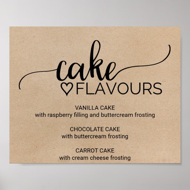 Simple Faux Kraft Bröllop Cake Flavor Sign Poster (Framsidan)