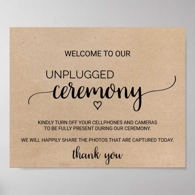 Simple Faux Kraft Unplugged Ceremony Sign Poster (Framsidan)