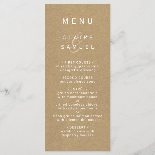 Simple Faux Rustic Brown Kraft Bröllop Meny (Framsida)