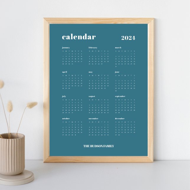 SImple fet | Teal Blue & White 2024 Calendar Poster (Skapare uppladdad)