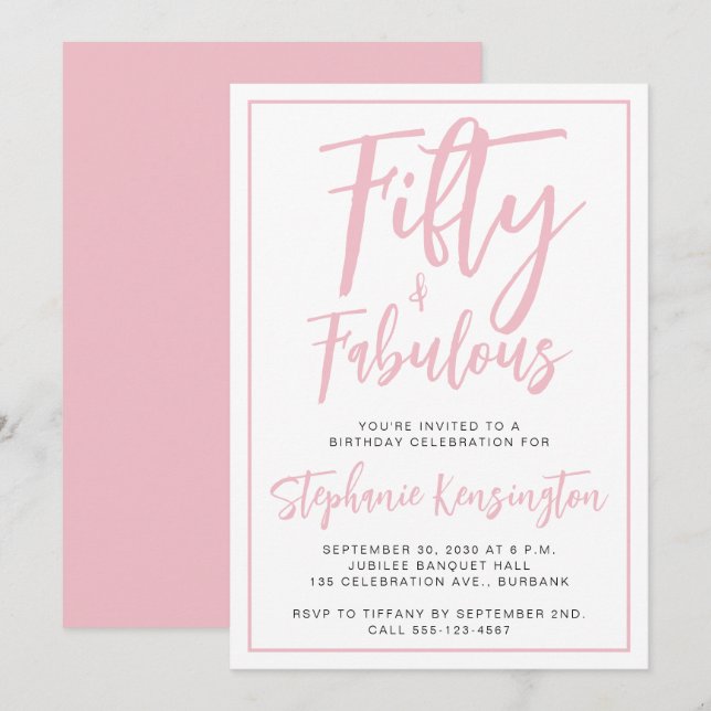 Simple Fifty and Fabulous Pink 50th Birthday Party Inbjudningar (Fram/baksida)
