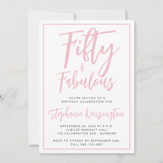 Simple Fifty and Fabulous Pink 50th Birthday Party Inbjudningar (Framsida)