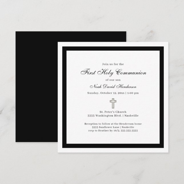 Simple First Holy Communion Black White Invitation Inbjudningar (Fram/baksida)