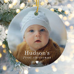 Simple First jul Baby Photo Julgransprydnad Keramik<br><div class="desc">Enkelt Min första fotokeramiska prydnadsföremål i julen i Baby är en snyggt modern helgdag med baby namn,  som har typisk typografi i vitt över ditt storleka foto i fullt.</div>