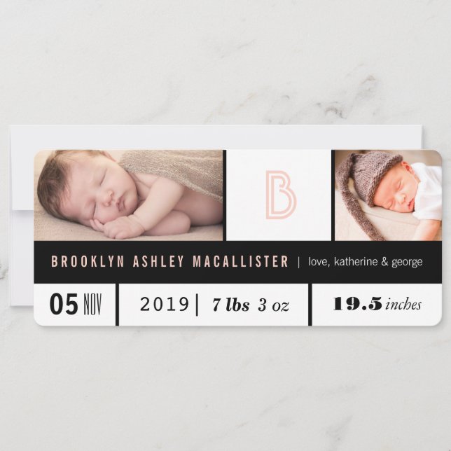 Simple Flicka Stats Rosa Monogram 2 Photo Birth Meddelande (Framsida)