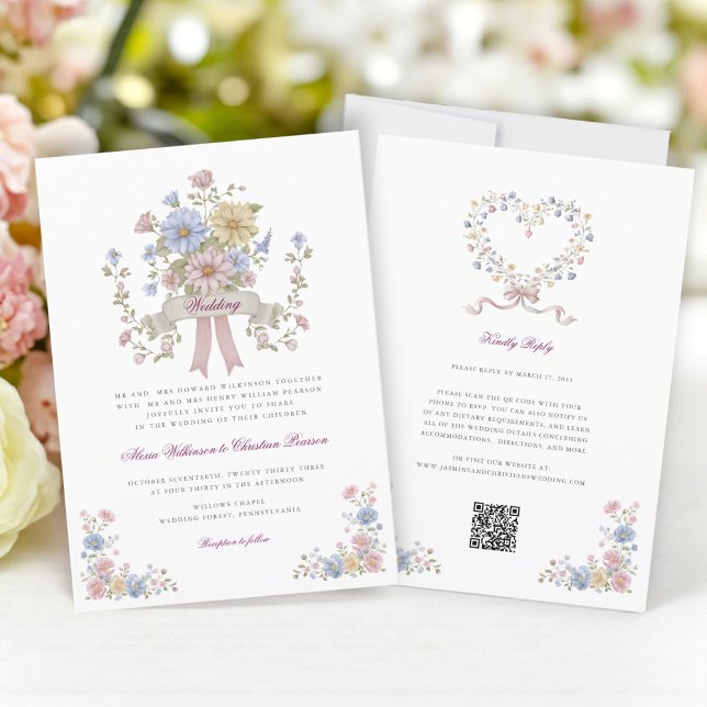 Simple Floral all in one wedding website qr code  Inbjudningar (Skapare uppladdad)