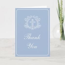 Simple Floral Cross Light Blue Religious Thank You Kort