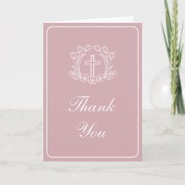Simple Floral Cross on Pink Religious Thank You Kort