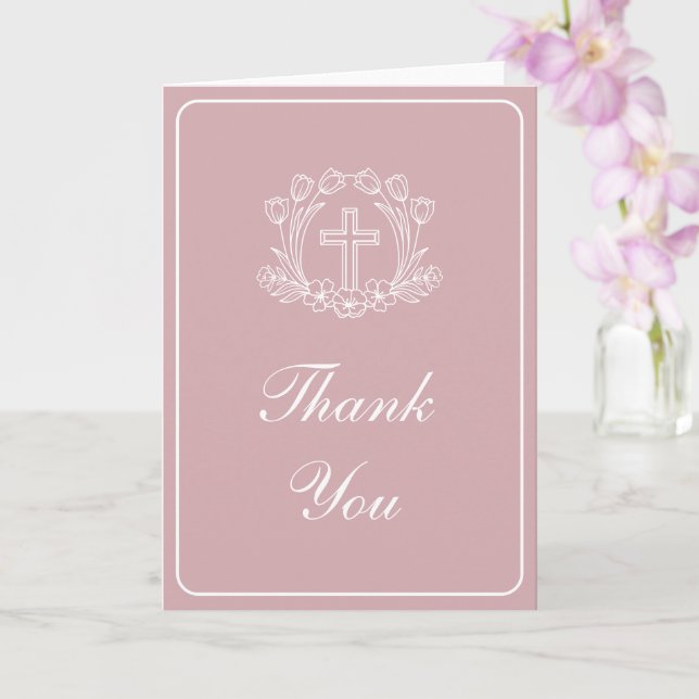 Simple Floral Cross on Pink Religious Thank You Kort (Orkide)