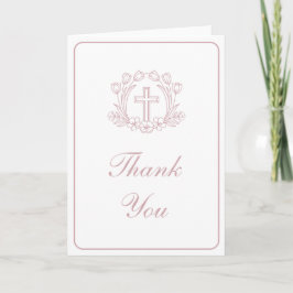 Simple Floral Pink Cross Religious Thank You Kort