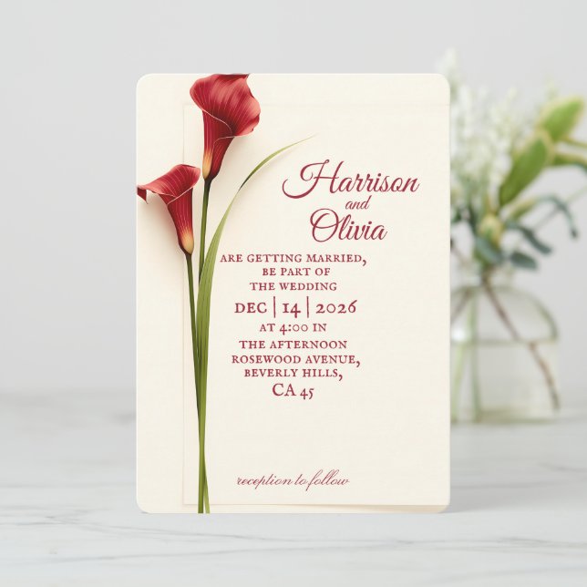 Simple Floral Red Calla Lily Wedding Inbjudningar (Stående Fram)