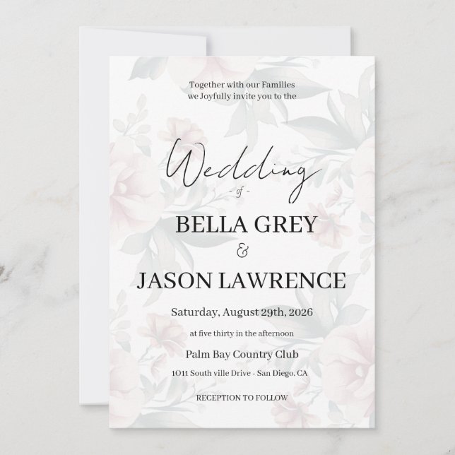Simple flower Black & White Wedding Invitation Inbjudningar (Framsida)