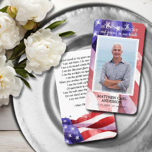 Simple Funeral Memorial Photo US Flagga Prayer Car Visitkort