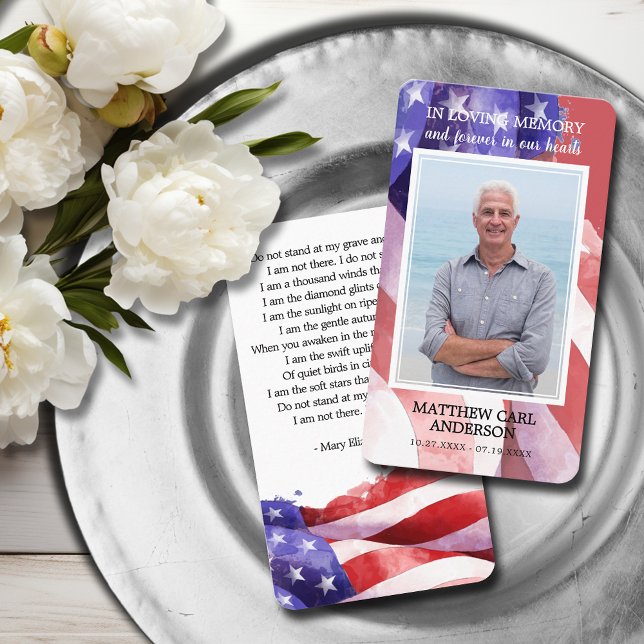 Simple Funeral Memorial Photo US Flagga Prayer Car Visitkort (United States flag funeral photo memorial prayer cards with a poem on the back)