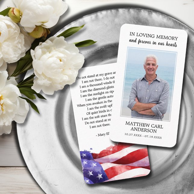 Simple Funeral Memorial Photo US Flagga Prayer Car Visitkort (United States flag funeral photo memorial prayer cards with a poem on the back)